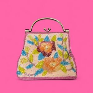 pink & multicolored floral sequin beaded mini bag with silver hardware!